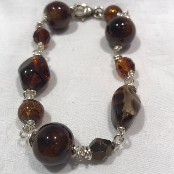 Artisan Glass bead bracelet, amber and brown - Picture 6 of 8